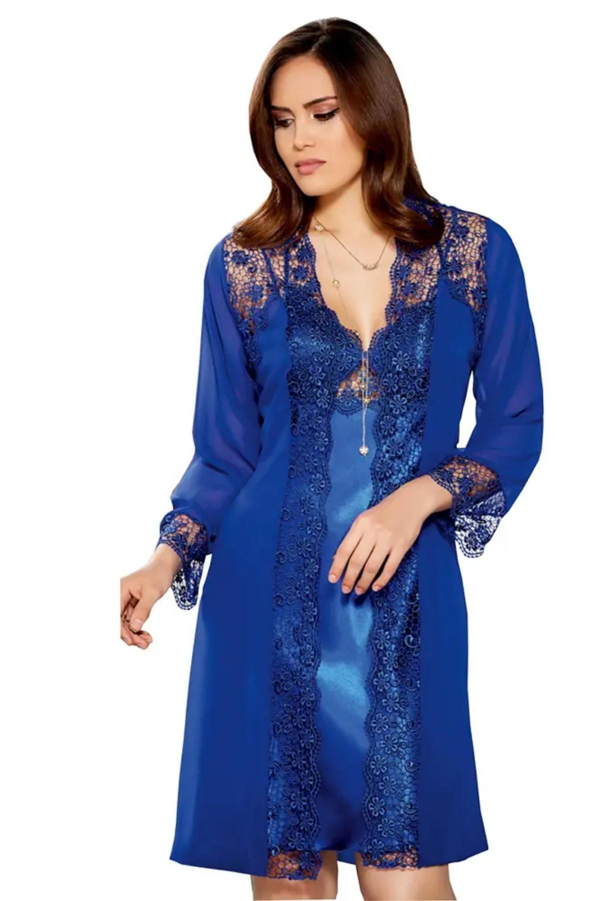 Saks Mavi Dantel Sırtı Ip Detaylı Gecelik